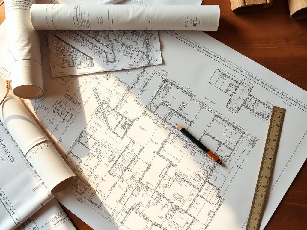 Architectural construction blueprints laid out with a pencil and scale ruler