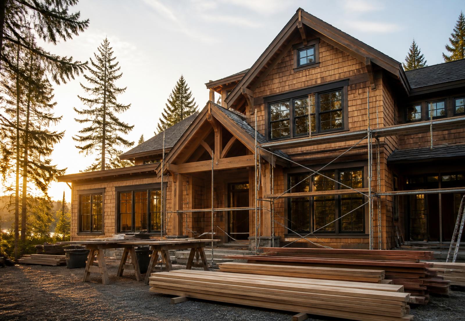 Wood-framed building under construction with scaffolding and stacked lumber
